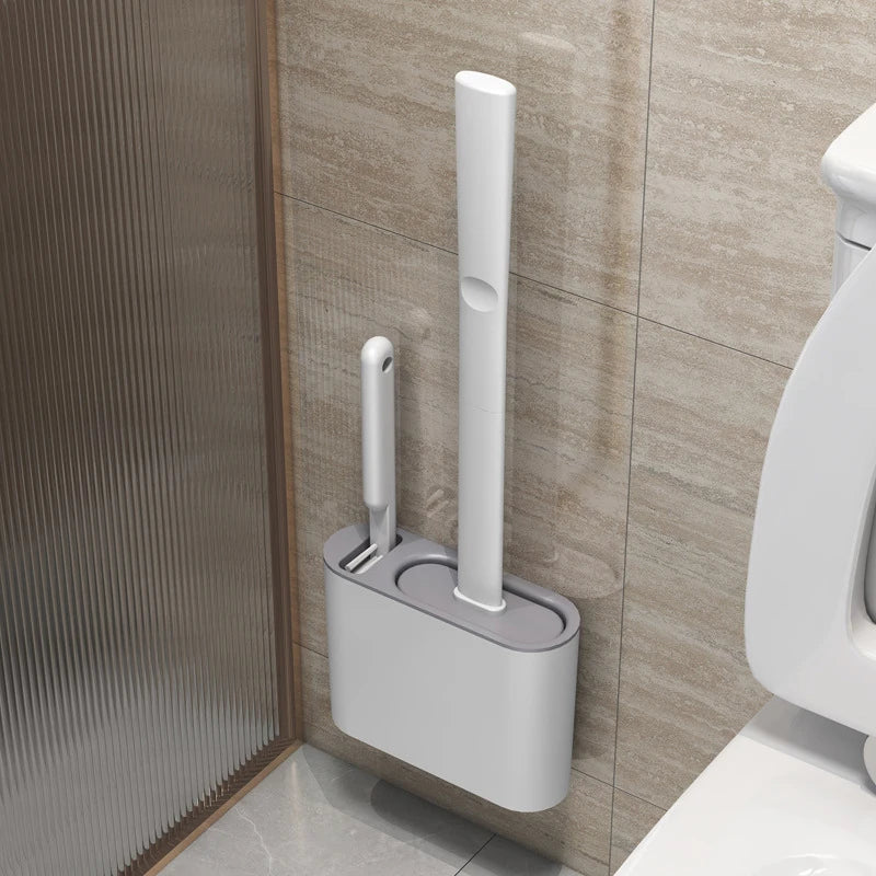 Silicone Wall Hanging Toilet Brush with Long Handle Holder
